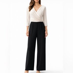 Lauren Ralph Lauren Black Ivory Wide Leg Jumpsuit Faux Wrap Stretch Size 4